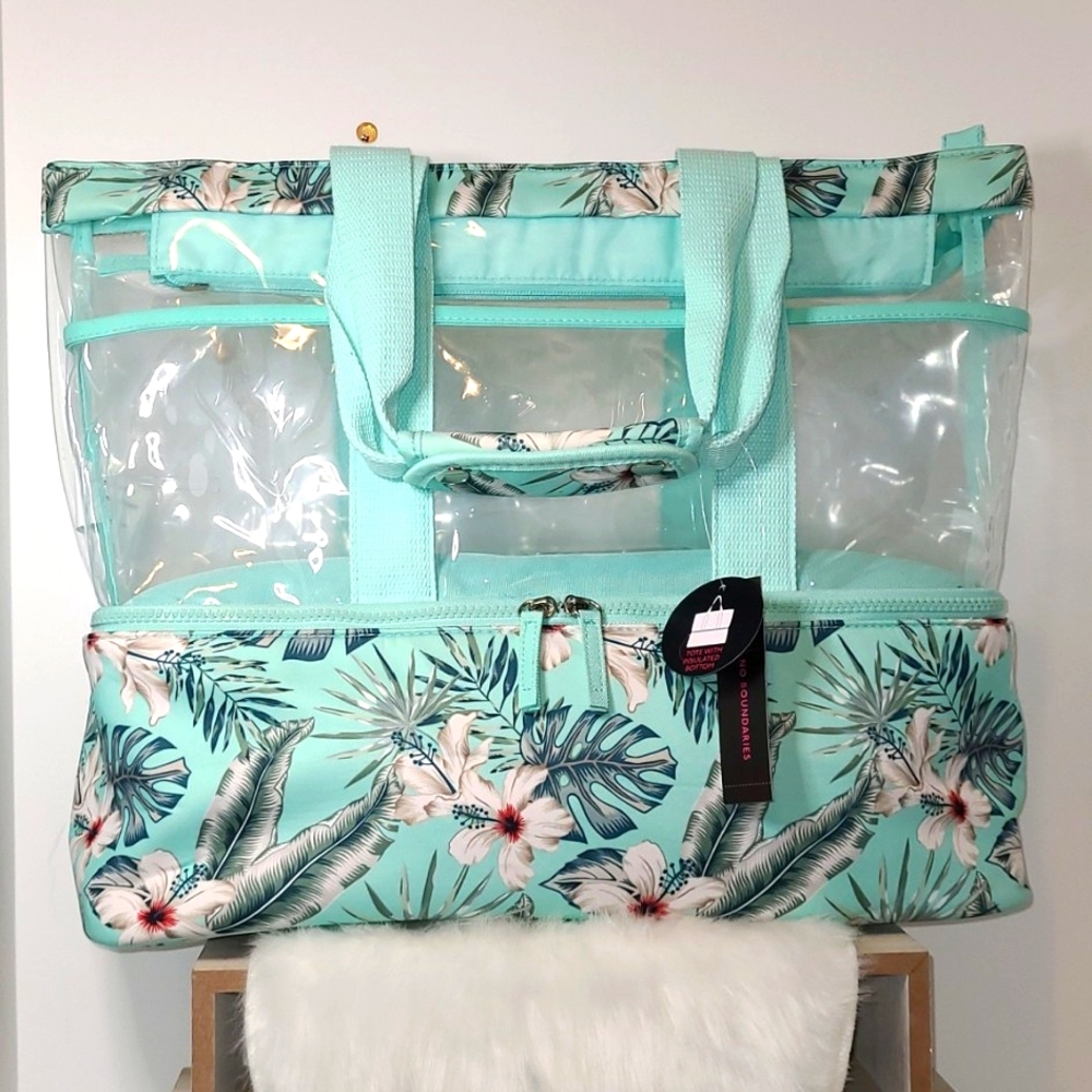 No Boundaries Aqua Verde Hawaiian Beach Zip Insulated Bottom Large Tote Bag NWT - Picture 1 of 17